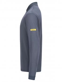 The image shows a long-sleeved, gray top. It has a stand-up collar and a simple, modern cut. There is a yellow logo on one sleeve.