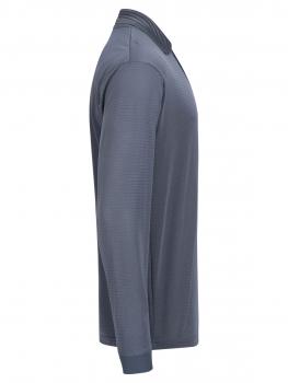 The image displays a long-sleeved, dark blue top with a collar. The surface features a fine texture, and the sleeves end in cuff-like finishes.