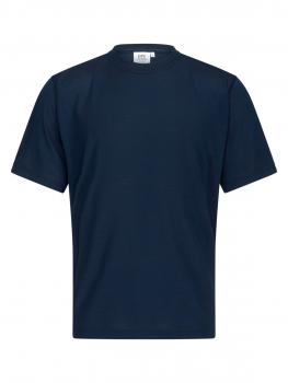 Das Bild zeigt ein kurzärmliges T-Shirt in einem tiefen, einheitlichen Blau. Es hat einen runden Halsausschnitt und eine schlichte, gerade Form ohne Muster oder Aufdrucke.