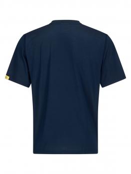 Das Bild zeigt ein schlichtes, dunkelblaues T-Shirt ohne Aufdruck. Es hat kurze Ärmel, einen runden Halsauschnitt und eine gerade Passform. Eine kleine gelbe Etikette befindet sich an der linken Seite.