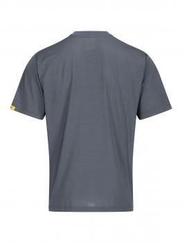 Das Bild zeigt ein graues T-Shirt mit einem einfachen, gestreiften Muster. Es hat kurze Ärmel, einen runden Halsausschnitt und eine lockere Passform. An der linken Seite ist ein kleines Logo.