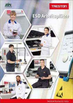 The image shows several people in work clothes at ESD workstations. They are holding tools or devices. In the background, you can see shelves with tools. The top reads 