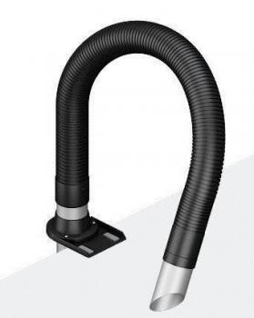 The image shows a flexible, black hose with a curved shape. It is attached to a base and ends in a wide, flat opening.