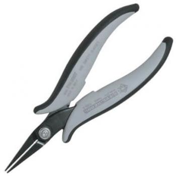 Das Bild zeigt eine Zange mit langen, spitzen Klingen. Der Griff ist ergonomisch geformt und besteht aus grauem und schwarzem Kunststoff, um einen sicheren Halt zu bieten.