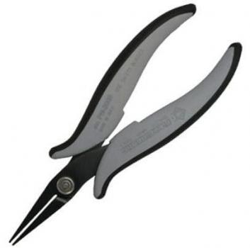 The image shows a pair of pliers with long, pointed jaws. The handles are ergonomically shaped and have a gray, non-slip surface. It appears sturdy and precise.