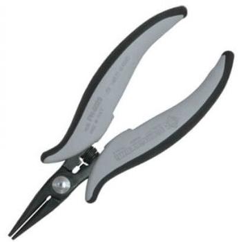 Das Bild zeigt eine Schere mit langen, schmalen Klingen. Die Griffe sind ergonomisch geformt, grau mit schwarzem Gummiüberzug, was guten Halt bietet. Ideal für Präzisionsarbeiten.