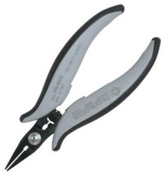 The image shows a pair of pliers with long, narrow jaws. The handles are ergonomically shaped, gray with black rubber elements for additional grip. The pliers have a shiny, metallic surface.