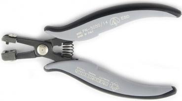 This is an ergonomic type of pliers with gray, rubberized grips. The pliers have movable jaws and a spring that facilitates opening. It is intended for precise work.