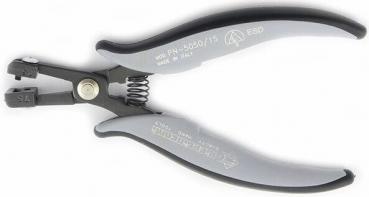 The image shows a pair of pliers with gray rubber grips and a black metal part. It has a special shape for precise gripping and a spring in the joint that opens the pliers.