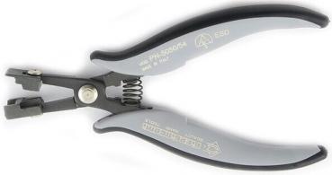The image shows a pair of pliers with gray, rubberized handles and a spring mechanism in the middle. It has a black working area with a special opening for gripping.