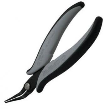 The image shows a pair of pliers with long, narrow jaws and ergonomic grip surfaces. The handles are black and gray, and the jaws appear to be metallic.