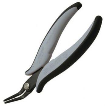 The image shows a pair of pliers with black handles and a silver, pointed working surface. The pliers have a slim shape and are suitable for gripping or bending.