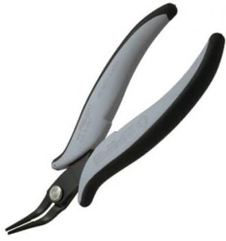 The image shows a pair of pliers with ergonomic, gray and black handles. The tips are narrow and pointed, suitable for precise gripping or cutting of materials.