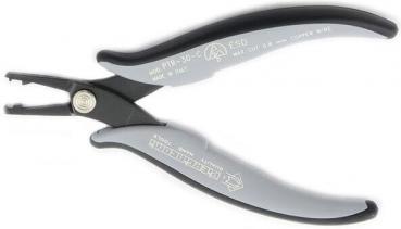 Das Bild zeigt eine graue Zange mit schwarzen, ergonomischen Griffen. Sie hat eine spezielle Öffnung an der Spitze, die für präzise Arbeiten gedacht ist. Die Zange wirkt stabil und handlich.