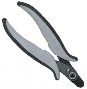The image shows a gray and black pliers. It has ergonomic handles that allow for comfortable handling. The pliers feature a closed cutting edge and a central screw.