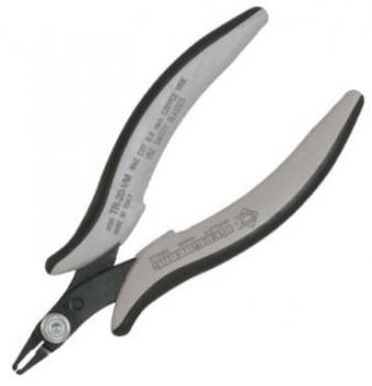The image shows a pair of pliers with ergonomic handles. The handles are gray with black rubber inserts. The plier jaws are narrow and have a sharp cutting edge, suitable for cutting.