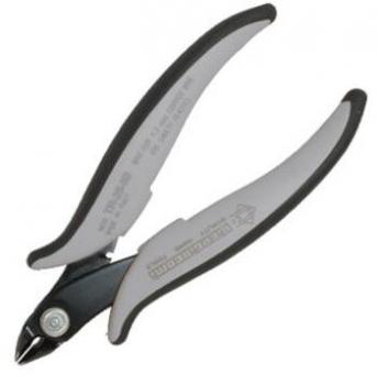 The image shows a pair of scissors with round, curved handles made of black and gray plastic. The blades are narrow and pointed, suitable for cutting fine materials.