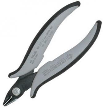The image displays a sleek pair of pliers with gray, ergonomically shaped handles and a black cutting edge. The pliers feature a curved design and a central screw head.