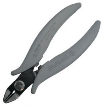 The image shows a pair of pliers with gray, non-slip grips. The pliers have a curved shape and a sharp cutting edge. They are designed for precise cuts, ideal for fine work.