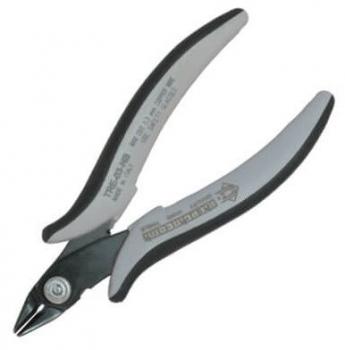 Das Bild zeigt eine Zange mit ergonomischen, grauen Gummikgriffen. Die Schneidekanten sind scharf und metallisch, ideal zum Schneiden von Drähten oder kleinen Objekten.