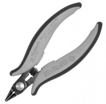 The image shows a narrow pair of pliers with ergonomic handles. The handles are gray and black, while the tips are metallically shiny. It is used for cutting or gripping small objects.