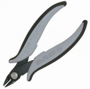 The image shows a pair of pliers with gray, ergonomic handles and a black cutting edge. It is handy and used for precise work, e.g., in electronics.