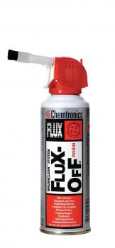 The image shows a spray can with a white and red color scheme. At the top, there is a red spray head with a narrow outlet. The can features the text 