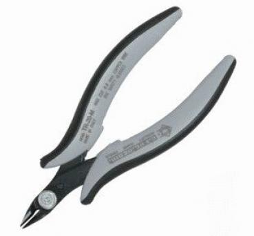 The image shows a pair of pliers with gray, ergonomic handles and a sharp, curved blade. The pliers have a compact shape and are designed for precise cutting.