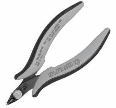 The image shows a pair of pliers with gray, ergonomic handles and a sharp, curved blade. The pliers have a compact shape and are designed for precise cutting.