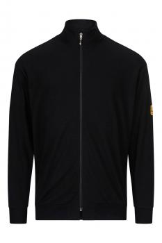 The image shows a black zip-up sweatshirt with a stand-up collar. The jacket has long sleeves and is plain, without any conspicuous patterns. A small logo is attached to one sleeve.