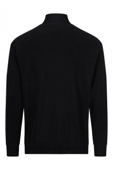 Das Bild zeigt die Rückansicht eines schwarzen Sweatshirts. Es hat einen kurzen Kragen, lange Ärmel und einen sportlichen Schnitt. Der Stoff wirkt weich und bequem.