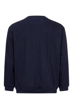 The image shows a dark blue, long-sleeved sweater. It has a round neckline and elastic cuffs on the sleeves as well as at the hem. The back is plain and without any pattern.