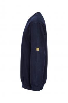 The image shows a dark blue sweatshirt in a side view. It has long sleeves and a round neckline. There is a yellow logo emblem on one sleeve.