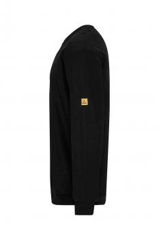 The picture shows a black long-sleeve shirt from a side view. It has a round neckline and a yellow patch on the left sleeve. The cut is simple and form-fitting.