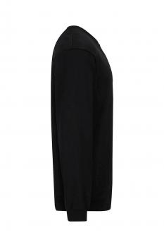 The image displays a black sweatshirt from a side view. It features long sleeves and a round neckline, with a simple, straight cut and elastic cuffs at the sleeves and hem.