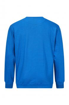 The image shows a blue sweater with long sleeves. The fabric has fine, horizontal stripes. The collar is round and the hem is even. The sweater has a loose fit.