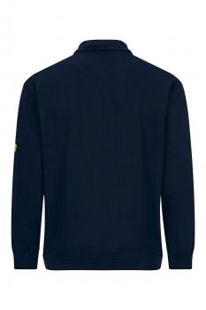 The image shows a dark blue polo shirt. It has long sleeves, a classic collar, and is plain in design. There is a small, yellow emblem on one sleeve.