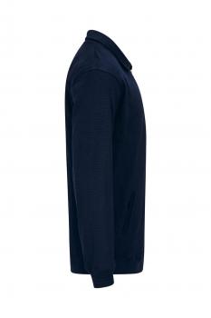 The image shows a dark blue sweater in profile. It has long sleeves and a collar. The fabric appears smooth, and the sweater is form-fitting.