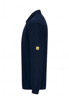 The image shows a dark blue sweater with a collar. There is a yellow logo sewn onto one sleeve. The sweater has long sleeves and a straight cut.