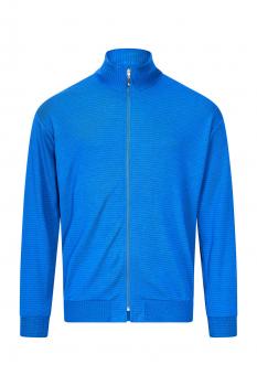 Das Bild zeigt eine knallblaue Jacke mit einem kurzen Stehkragen. Sie hat einen durchgehenden Reißverschluss und ist in einem sportlichen Stil gehalten. Die Ärmel sind lang und der Stoff wirkt weich.