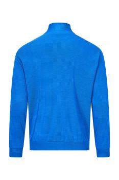 Das Bild zeigt einen blauen Pullover mit Stehkragen, der aus einem strukturierten Material besteht. Die Rückansicht zeigt lange Ärmel und einen schlichten, modernen Schnitt.