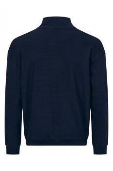 Das Bild zeigt einen dunkelblauen Pullover mit einem hohen Kragen und langen Ärmeln. Die Rückansicht ist klar strukturiert, ohne Muster oder auffällige Details.
