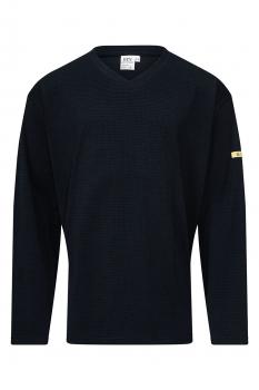 Das Bild zeigt ein langärmeliges, schwarzes Shirt mit V-Ausschnitt. Es hat eine strukturierte Oberfläche und ein gelbes Detail an einem Ärmel. Der Stil ist schlicht und modern.
