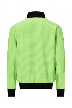 The image shows a green jacket with a textured pattern. It has a black collar and black cuffs on the sleeves and hem. The back view is visible.