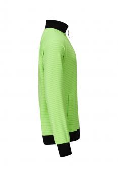The image displays a bright green sweatshirt with a high, black collar. The sleeves are also black, and there is a side pocket. The cut is sporty and modern.