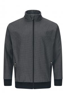 The image shows a gray jacket with a stand-up collar and zipper. It has two side pockets and an elastic waistband. The surface is adorned with a subtle pattern.