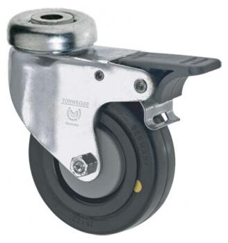 The image shows a stable caster with a black rubber tire and a metal casing. The caster has a pivot point at the top and a wide area for mounting.