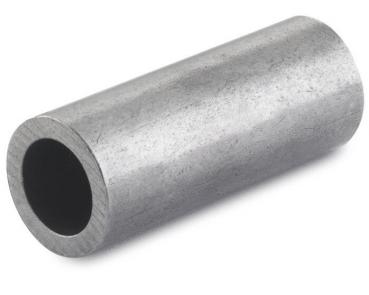 The image shows a gray, cylindrical metal tube. It has a smooth surface, an open edge on both ends, and is hollow inside. The material appears sturdy and industrial.