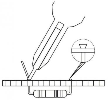 The image shows a technical setup: A pair of tweezers holds a small component above a plastic circuit board. A magnifying glass enlarges the component that is being placed on the board.