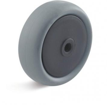 The image shows a single wheel. It has a gray, round outer ring made of rubber and a flat, black central axle. It appears sturdy and is suitable for use on hard surfaces.
